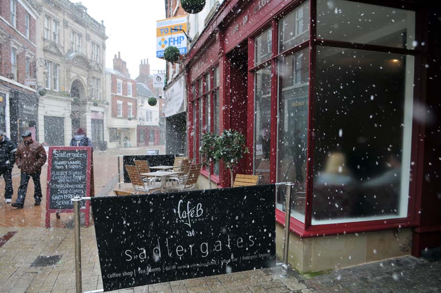 In the warm cafe, Dudley.