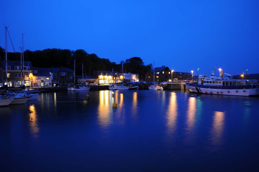 Padstow harbour at night.