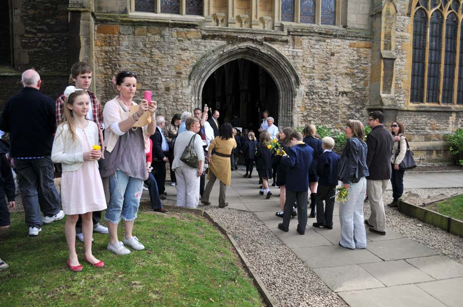 Entering the church.